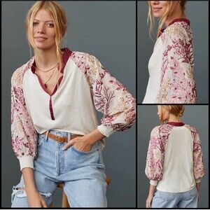 Anthropologie Tiny Floral Sleeve Embroidered Puff Sleeve Popover Collar Size M